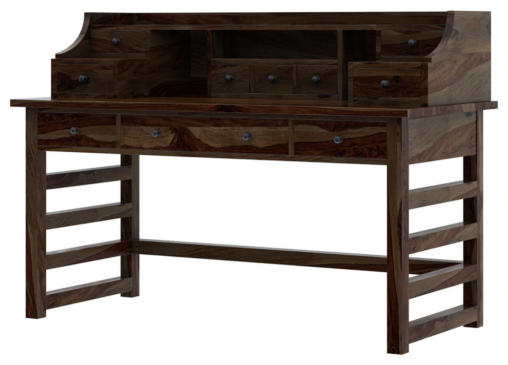 Everglades Rustic Solid Wood Secretary Writing Desk With Hutch