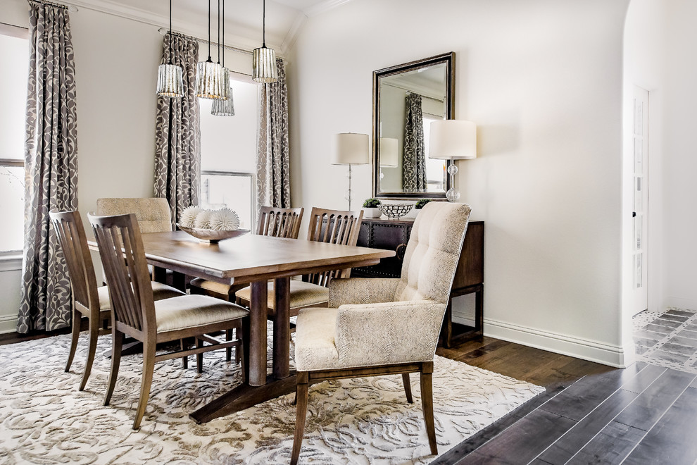 Inspiration for a mid-sized transitional dark wood floor kitchen/dining room combo remodel in Austin with white walls