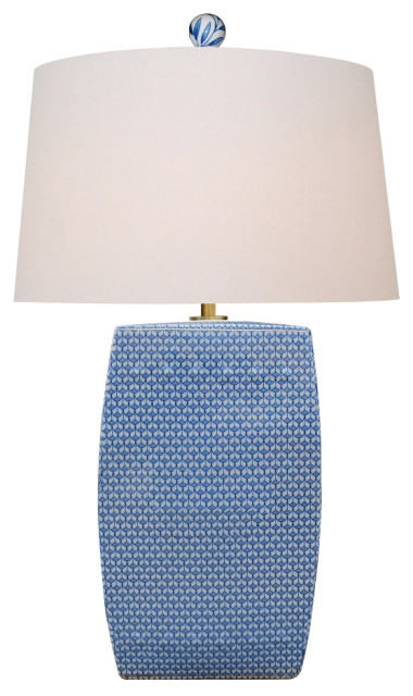 Blue and White Geometric Square Vase Porcelain Table Lamp, 33"