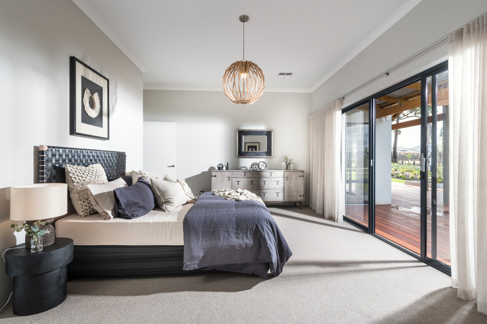 Inspiration for a large contemporary master bedroom in Perth with carpet, grey walls and grey floor.