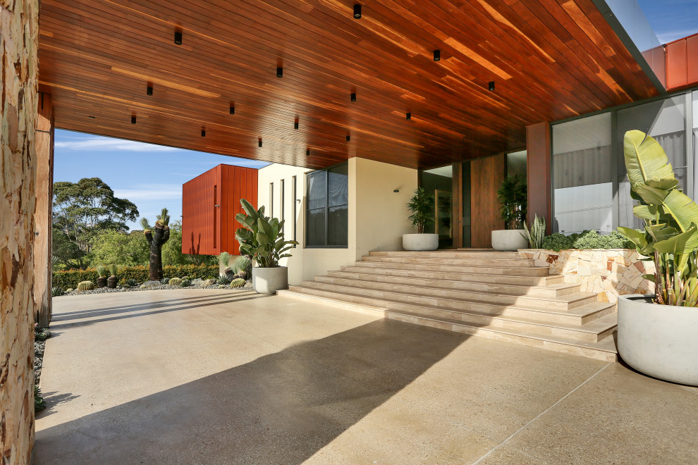 Geräumige Moderne Haustür mit beiger Wandfarbe, Betonboden, Drehtür, brauner Haustür, braunem Boden und Holzdielendecke in Sydney