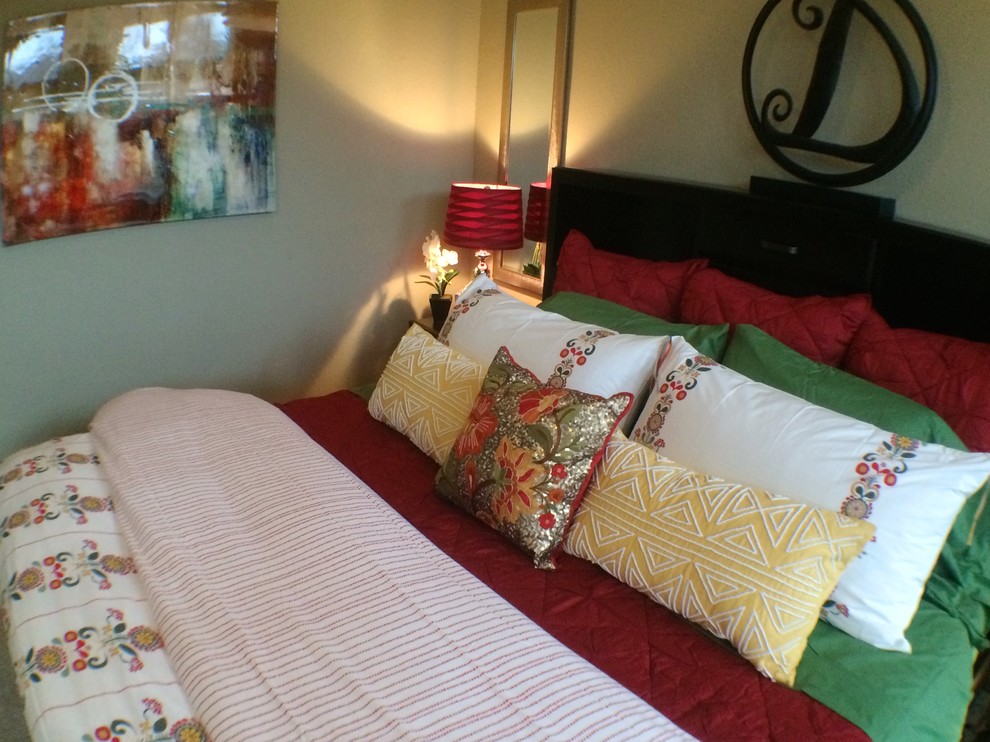 Bedroom - large transitional master carpeted bedroom idea with beige walls and no fireplace