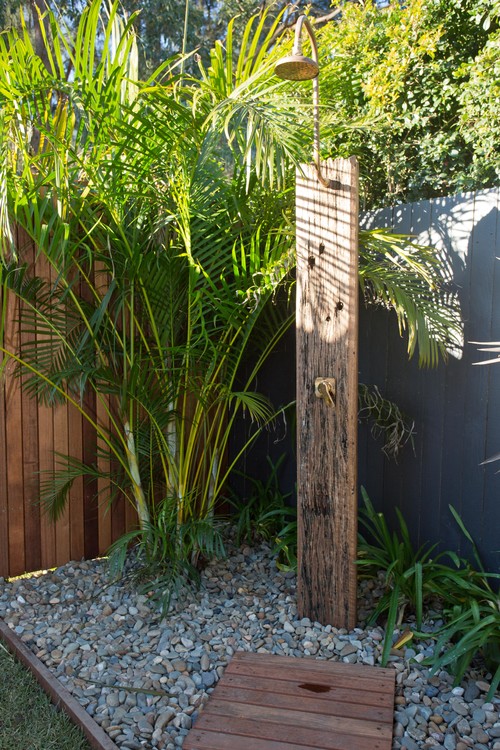 Outdoor shower with timber base