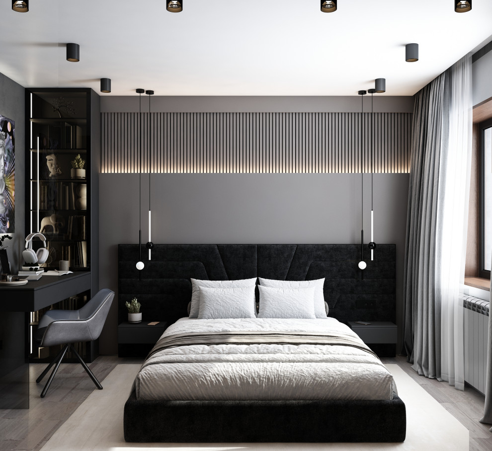 Брутальная темная спальня в ЖК Лесной