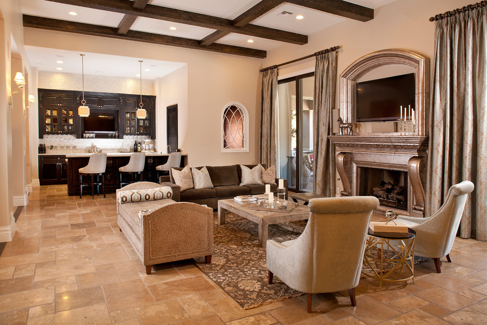 Photo of a large transitional formal open concept living room in Las Vegas with beige walls, travertine floors, a standard fireplace, a plaster fireplace surround and a wall-mounted tv.