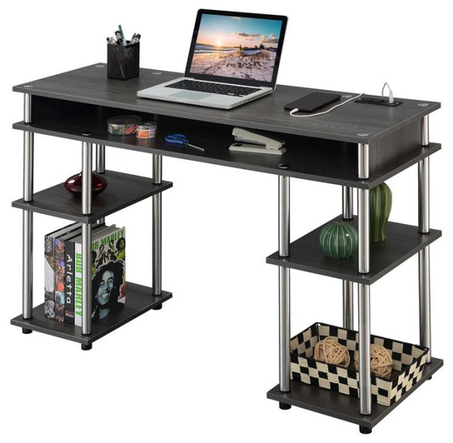 Designs2Go No Tools Student Desk with Charging Station in Gray Wood Finish Contemporary