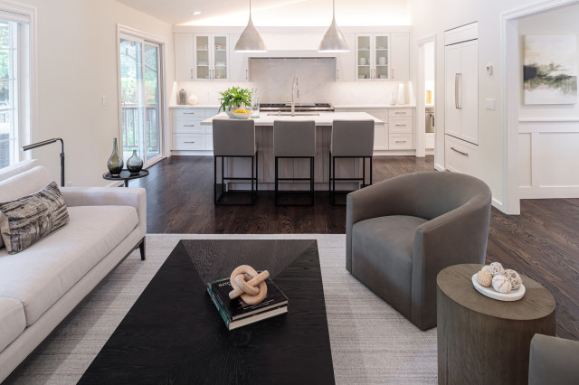 Open Concept Kitchen With Large Island and Quartz Backsplash transitional-living-room