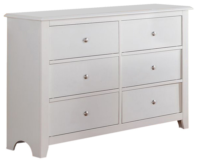 Pine Wood 6 Drawer Dresser With Silver Knobs White Transitional