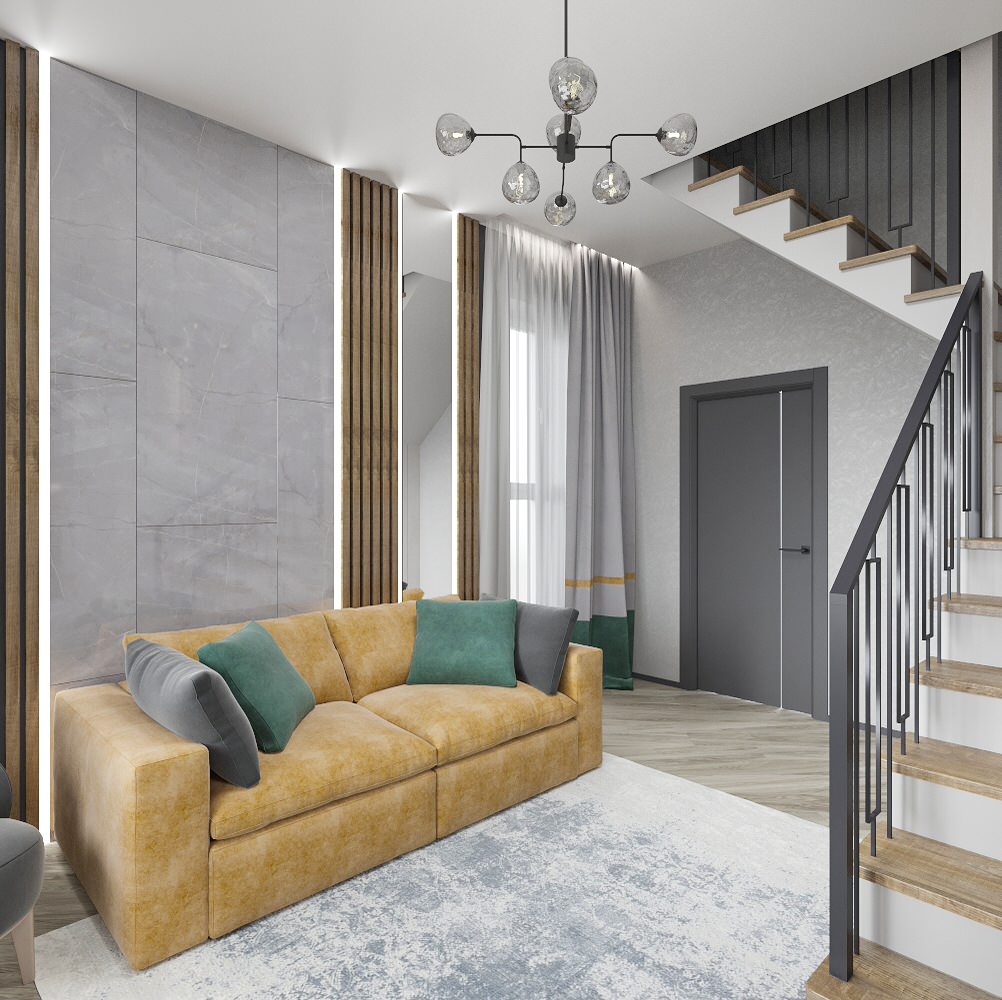 Кухня, гостиная и веранда жилого дома