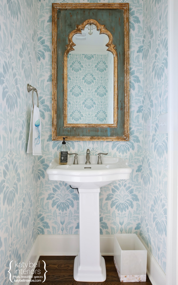 Patterned Blue Grasscloth Powder Room