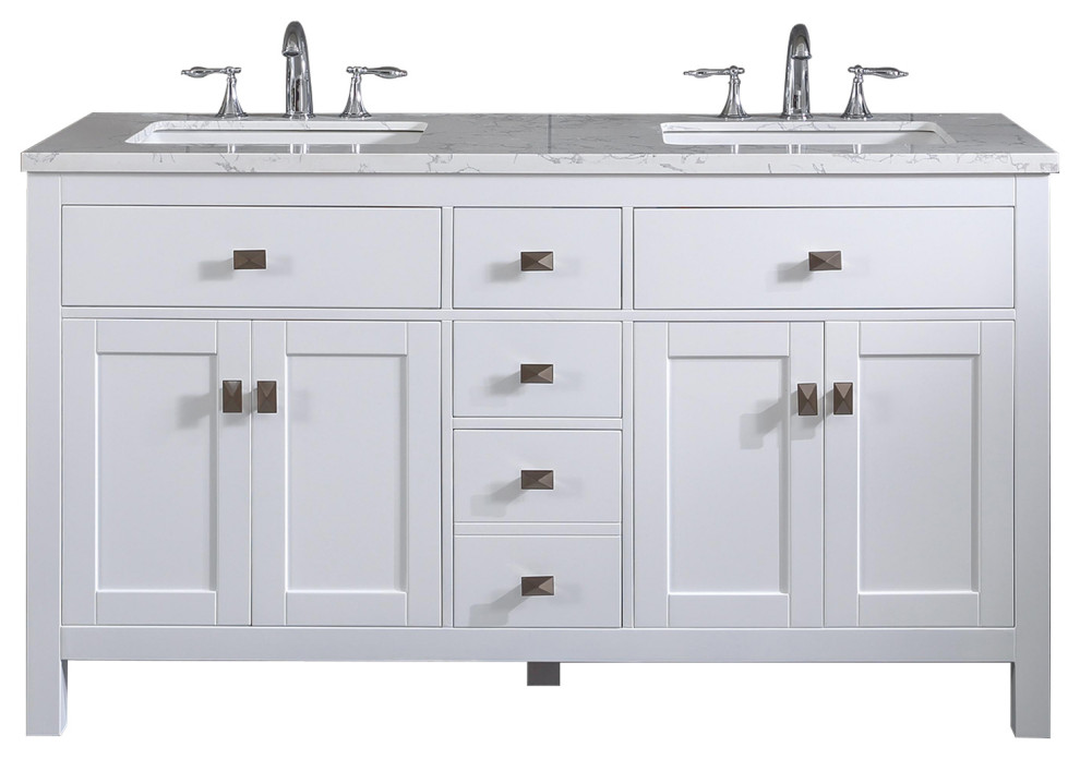 Totti Memphis 60" White Transitional Double Sink Bathroom Vanity