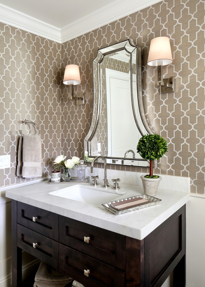 Inspiration for a transitional powder room in San Francisco with shaker cabinets, dark wood cabinets, an undermount sink and marble benchtops.