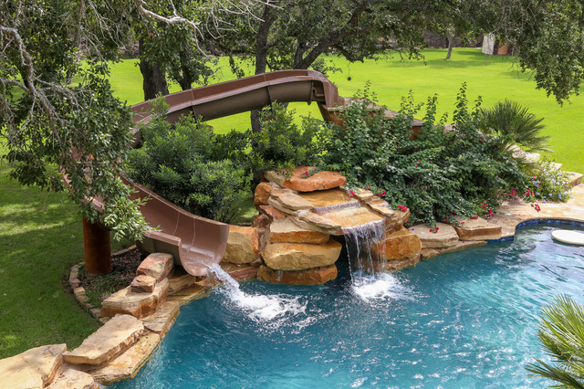 Water Slide and Waterfall - Rustic - Swimming Pool & Hot Tub - Austin ...