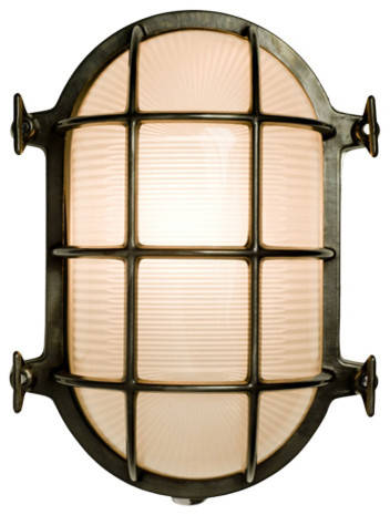 Industrial Style Oval Bulkhead Light, Weathered Brass, Large