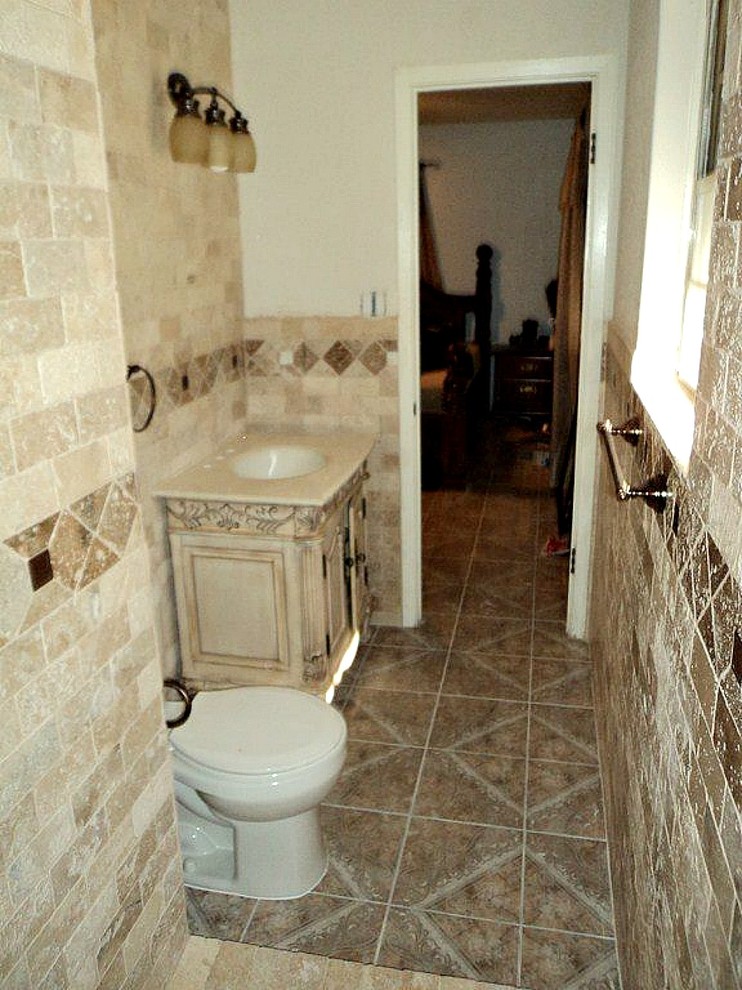 Mid-sized transitional master beige tile and ceramic tile ceramic tile and beige floor alcove shower photo in Austin with furniture-like cabinets, beige cabinets, beige walls, an undermount sink and granite countertops