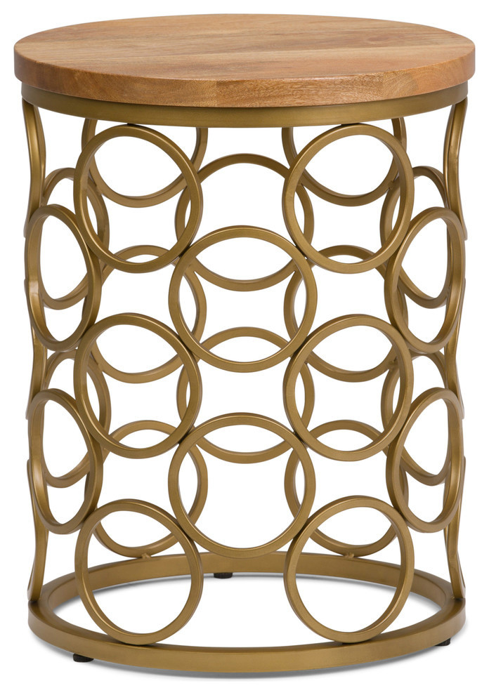 Sadie Contemporary, Modern 17" W Metal and Wood Accent Side Table, Natural, Gold Contemporary