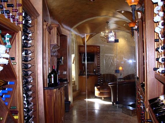Large traditional wine cellar in Orange County with display racks.