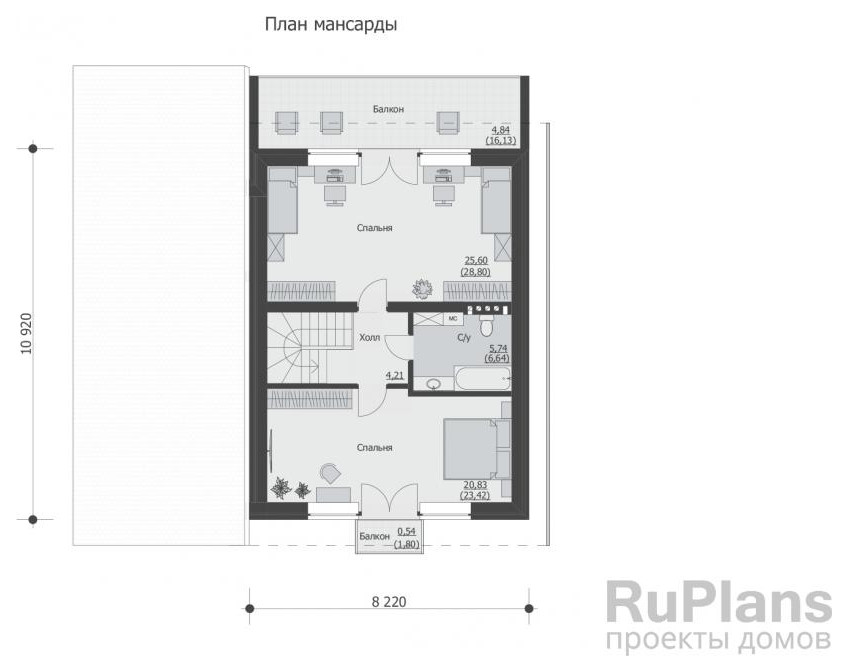 Rg5884 - Одноэтажный дом с мансардой, гаражом, террасой и балконами