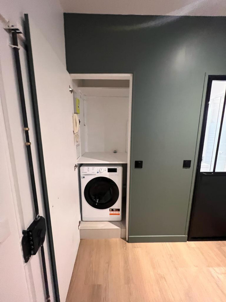 Einzeiliger, Kleiner Moderner Hauswirtschaftsraum mit grüner Wandfarbe und Vinylboden in Paris