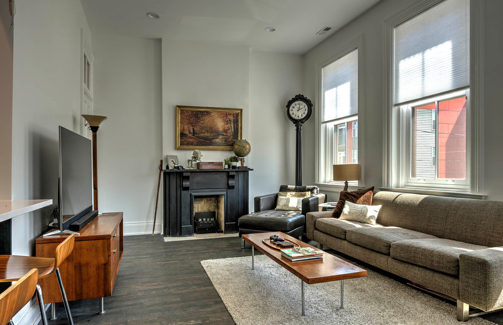 Living room - mid-sized industrial open concept dark wood floor and brown floor living room idea in Cincinnati with white walls, a standard fireplace, a stone fireplace and a tv stand