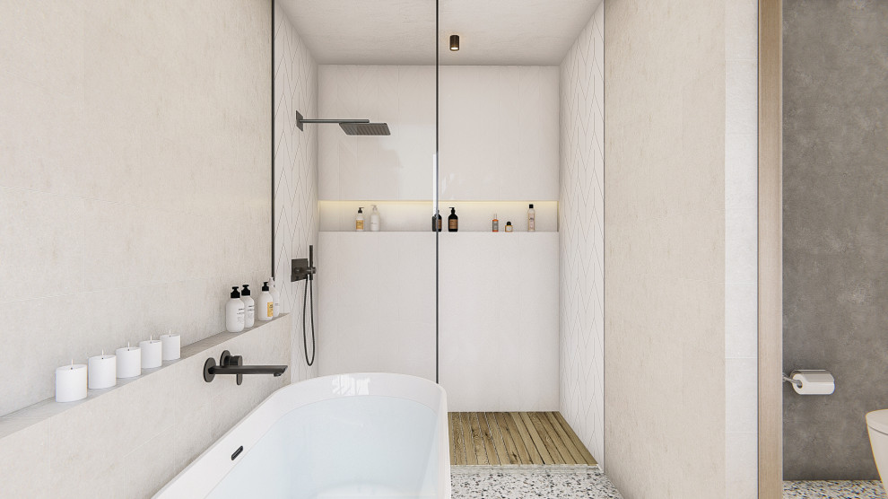 На фото: главная ванная комната среднего размера в стиле кантри с открытыми фасадами, белыми фасадами, отдельно стоящей ванной, угловым душем, инсталляцией, бежевой плиткой, керамической плиткой, бежевыми стенами, бетонным полом, монолитной раковиной, мраморной столешницей, разноцветным полом, открытым душем, серой столешницей, нишей, тумбой под две раковины, подвесной тумбой и панелями на стенах с