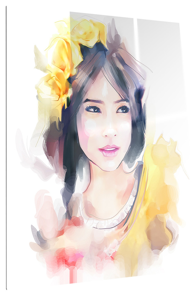 "Portrait of Beautiful Girl" Contemporary Glossy Metal Wall Art, 12"x28" Contemporary Metal