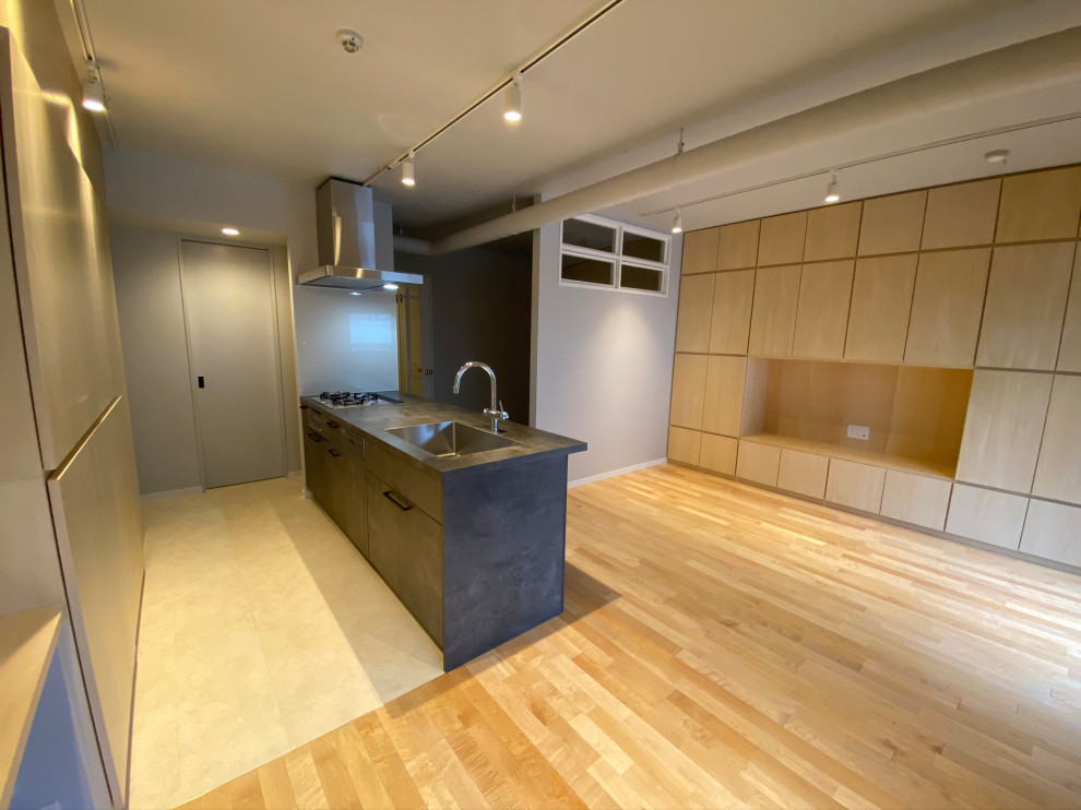Mid-sized modern single-wall open plan kitchen in Other with an undermount sink, beaded inset cabinets, grey cabinets, solid surface benchtops, grey splashback, shiplap splashback, stainless steel appliances, linoleum floors, with island, beige floor, grey benchtop and timber.