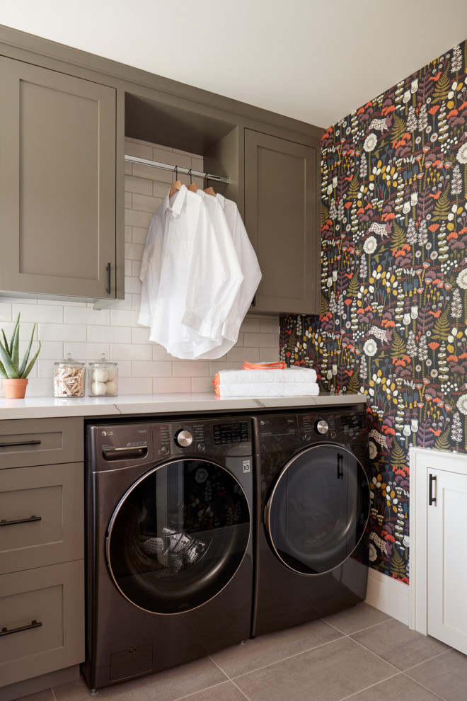 This is an example of a farmhouse utility room in San Francisco with a feature wall.