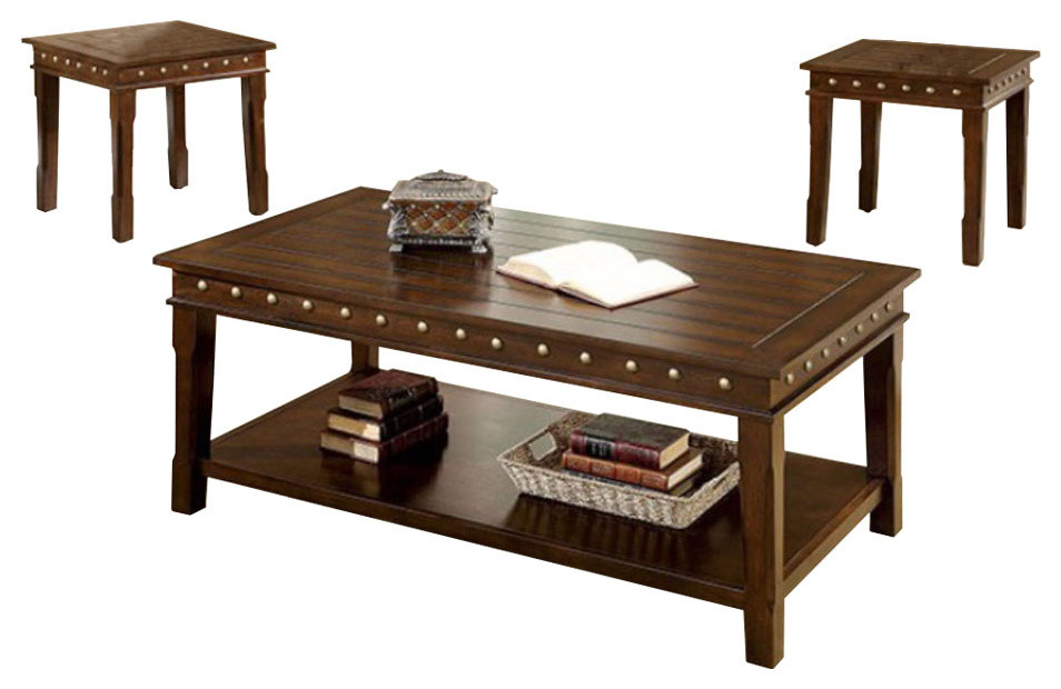 Solid Wood Coffee & End Tables Set, Dark Brown, Pack Of 3