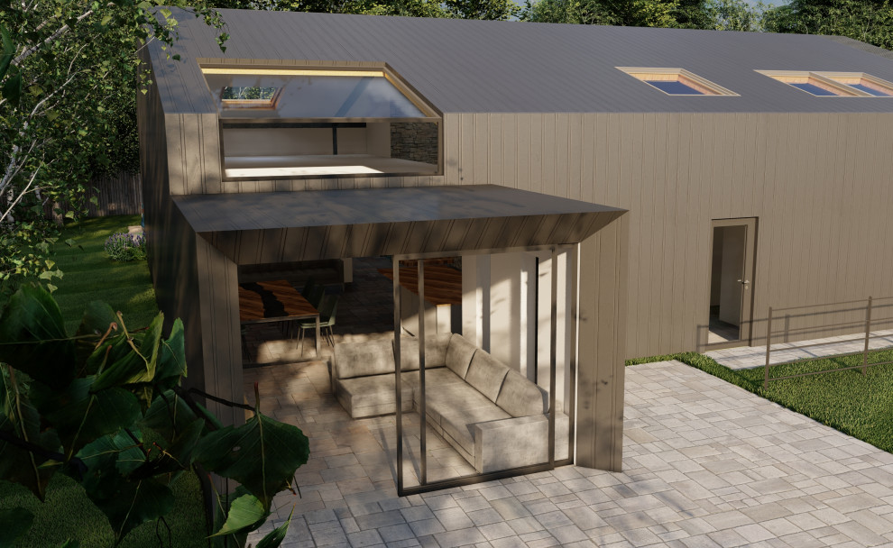 Design ideas for a medium sized and gey modern two floor rear detached house in Hampshire with metal cladding, a pitched roof, a metal roof and a grey roof.