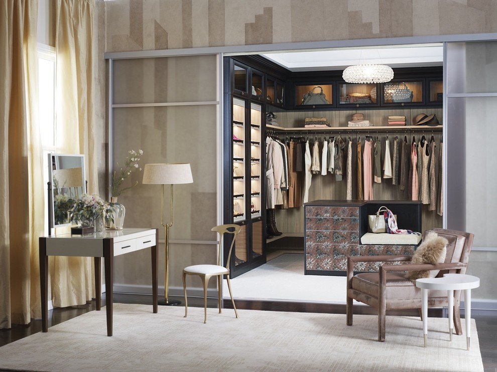 Mid-sized contemporary gender-neutral walk-in wardrobe in Hawaii with flat-panel cabinets, carpet and brown floor.
