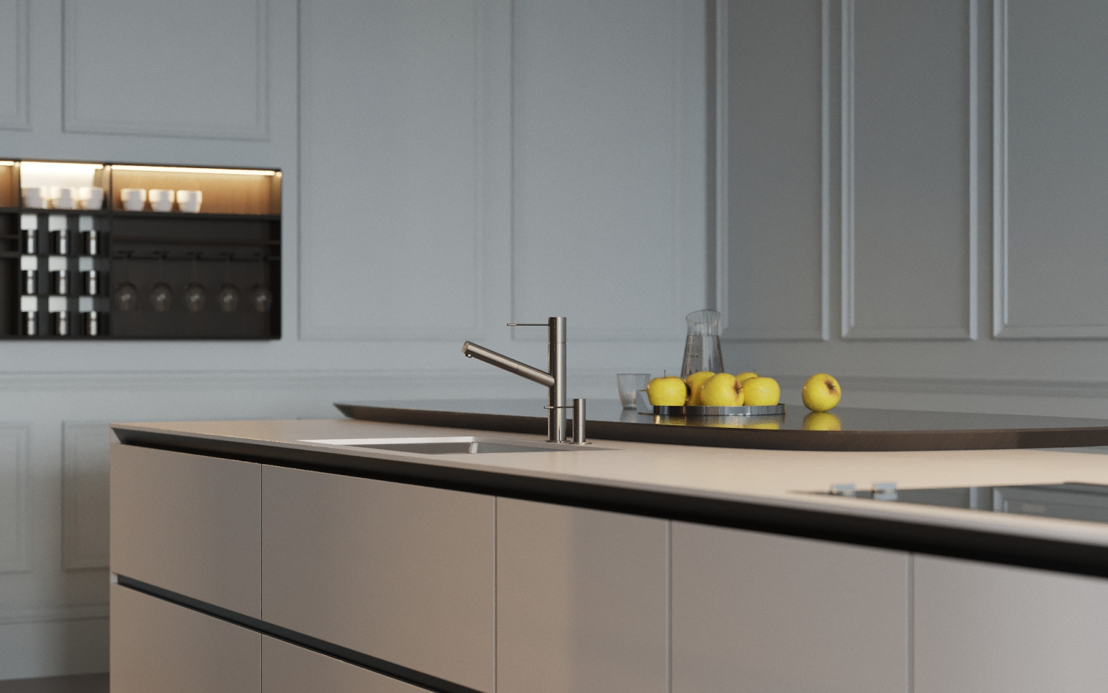 Интерьер зоны кухни-гостиной для загородного дома