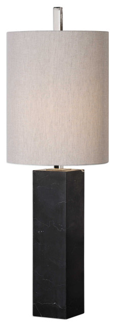 Black Marble Column Buffet Accent Lamp, Tall Shade Silver