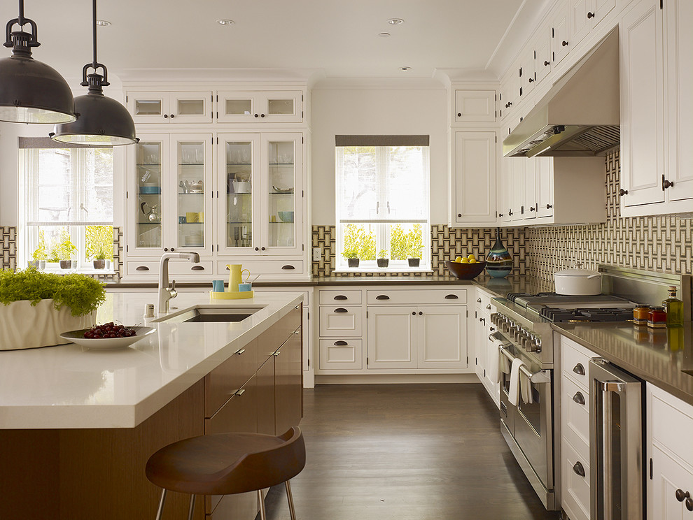 Design ideas for a traditional kitchen in San Francisco with beaded inset cabinets, stainless steel appliances, an undermount sink, white cabinets, quartz benchtops and multi-coloured splashback.
