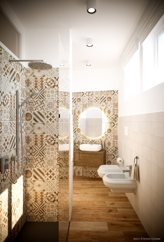 Small contemporary cloakroom in Milan with multi-coloured tiles, mosaic tiles, multi-coloured walls, light hardwood flooring, a vessel sink, wooden worktops, brown worktops, a floating vanity unit and all types of wall treatment.