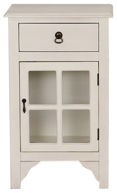 30 Antique White Wood Clear Glass Accent Cabinet With A Drawer