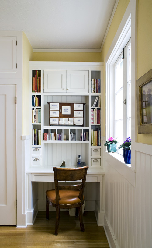 Kitchen Office Space with White Cabinets, Shelves, and Beadboard