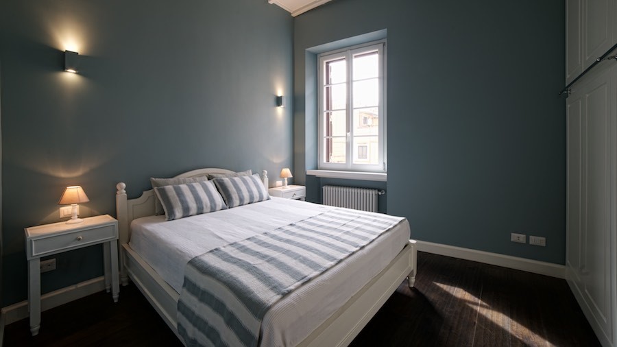 Immagine di una grande camera degli ospiti classica con pareti blu, parquet scuro e pavimento marrone