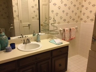 Casually cool cement tile bathroom
