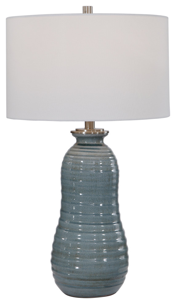 Crackled Ceramic Light Blue Ribbed Table Lamp, Spiral Shaped Vintage ...