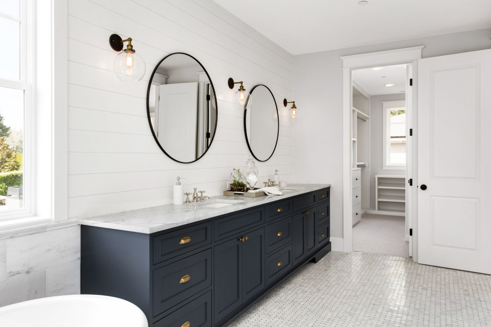 Inspiration for a contemporary master bathroom in New York with white walls, engineered quartz benchtops, white floor, white benchtops and a double vanity.