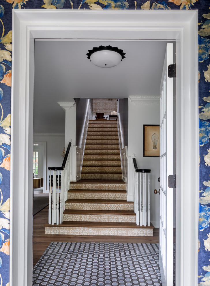 Vestibule - mid-sized transitional porcelain tile and multicolored floor vestibule idea in Chicago with multicolored walls and a white front door