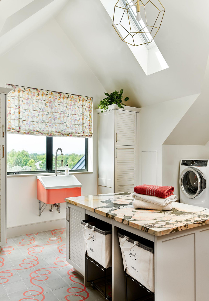 Large country dedicated laundry room in Denver with an utility sink, louvered cabinets, white walls, a side-by-side washer and dryer, multi-coloured benchtop and vaulted.