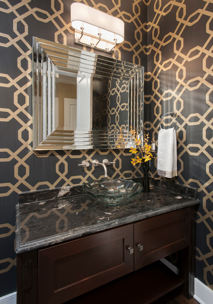 Design ideas for a transitional powder room in Philadelphia with furniture-like cabinets, dark wood cabinets, multi-coloured walls and a vessel sink.