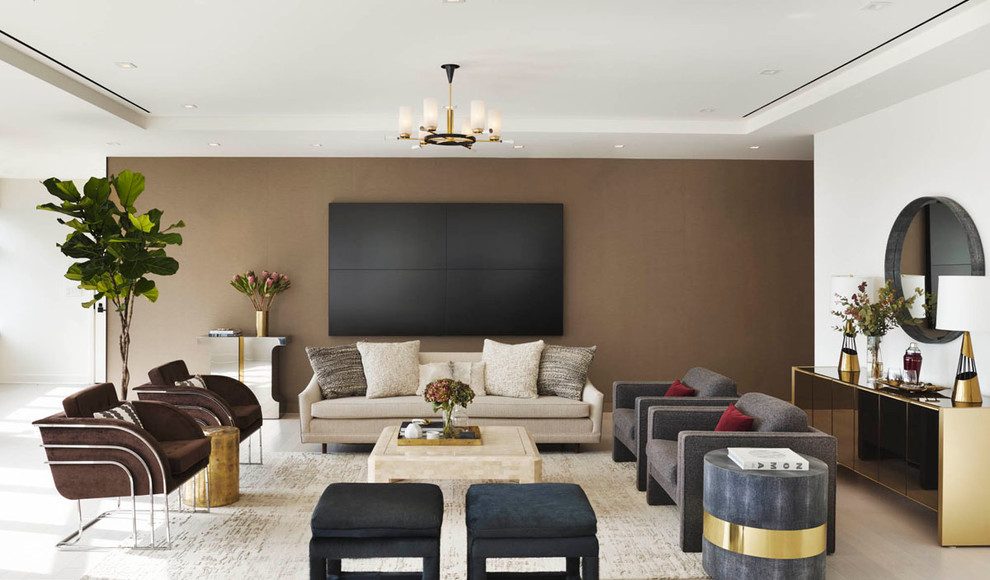 Design ideas for a contemporary formal open concept living room in New York with brown walls and light hardwood floors.