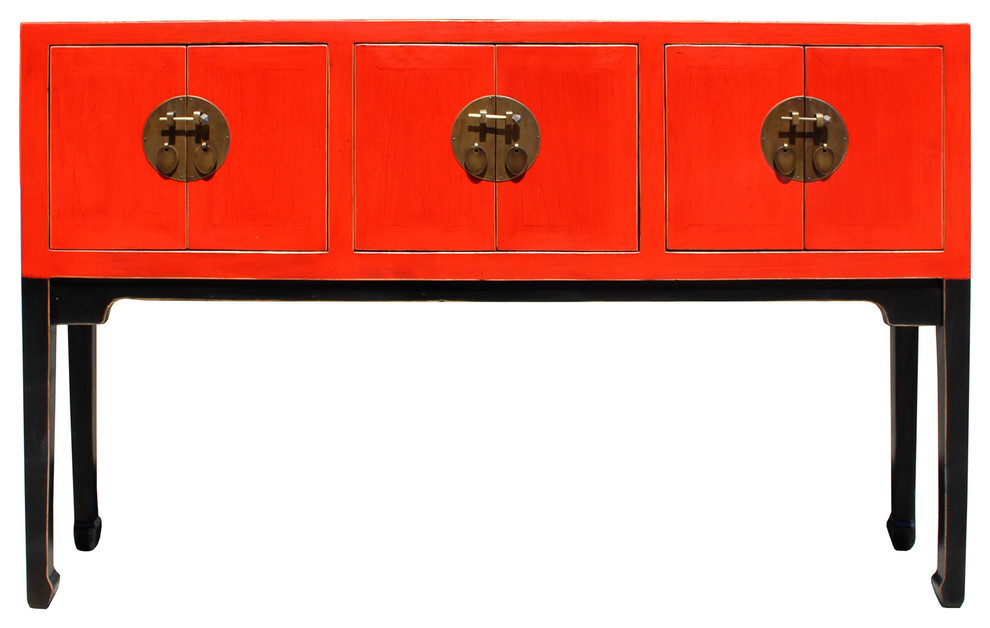 Chinese Oriental Red Black Tall Narrow Side Console Foyer Table