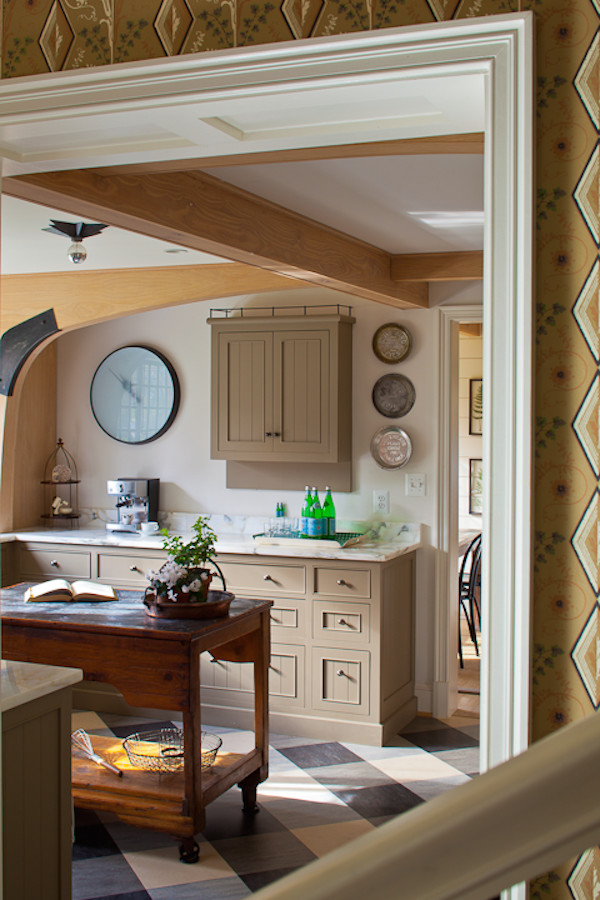 Inspiration for a large transitional u-shaped ceramic tile and multicolored floor eat-in kitchen remodel in DC Metro with a drop-in sink, recessed-panel cabinets, gray cabinets, granite countertops, stainless steel appliances, an island, white backsplash and stone slab backsplash