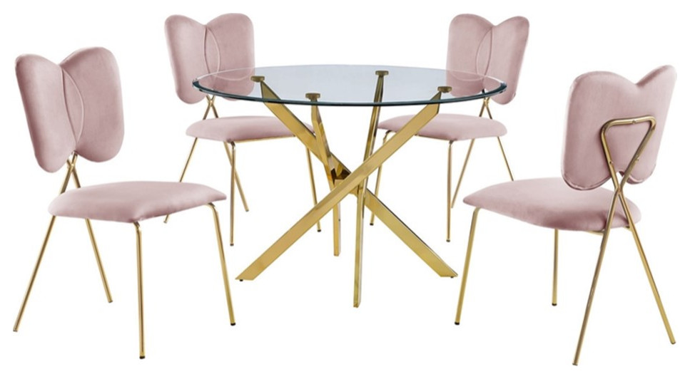 Round 45" x 45" 5pc Clear Glass Set with Pink Chairs