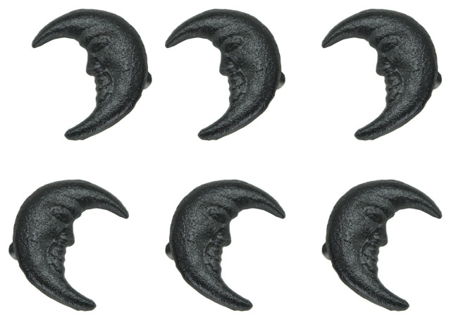 Set of 6 Black Cast Iron Crescent Moon Face Drawer Pull Decorative Cabinet Knob