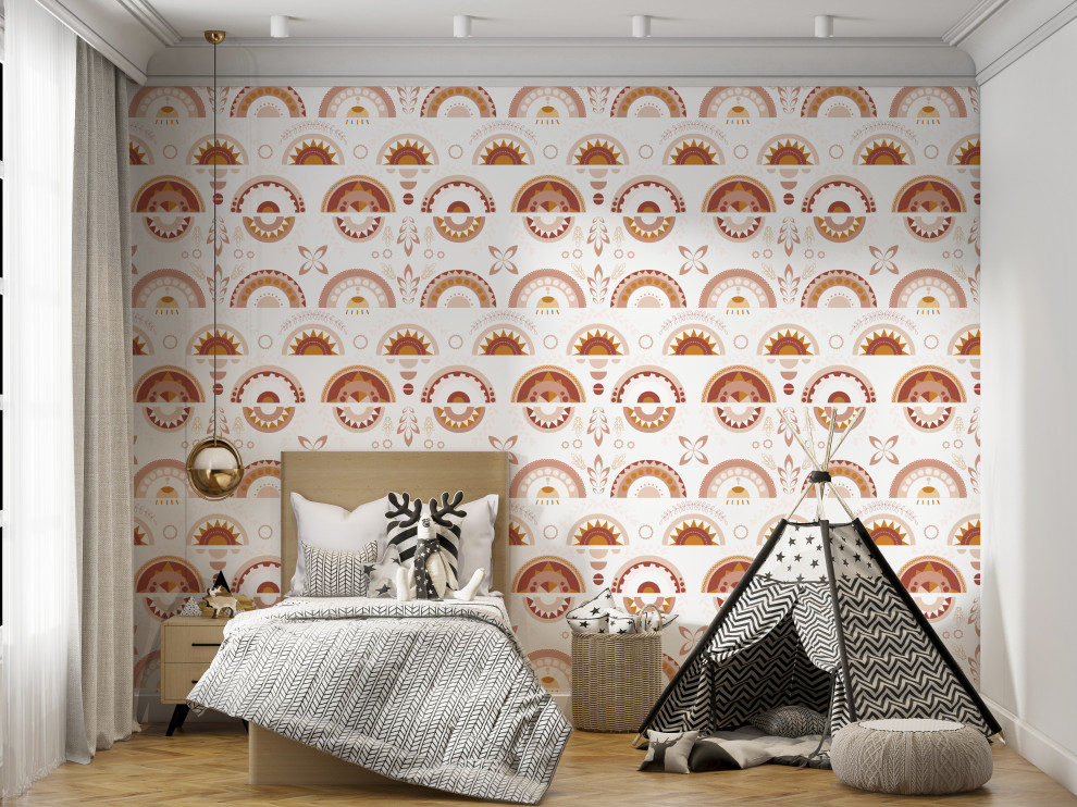 This is an example of a modern kids' room in Orlando with beige walls and wallpaper.